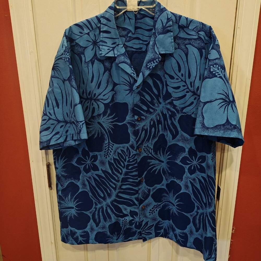 Vintage Smart Design Shirt Mens XL Blue Hawaiian Flor Hibiscus Aloha Button Up